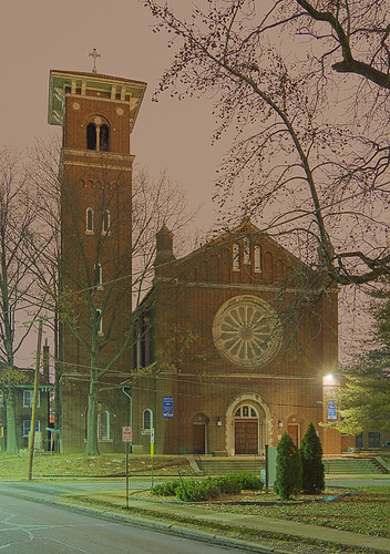 Immaculate Conception Roman Catholic Church, in Maplewood, Missouri, USA - exterior at night