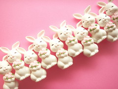 Cute Small White Bunny Smiling Rabbit with Pink Rose Doll Figure