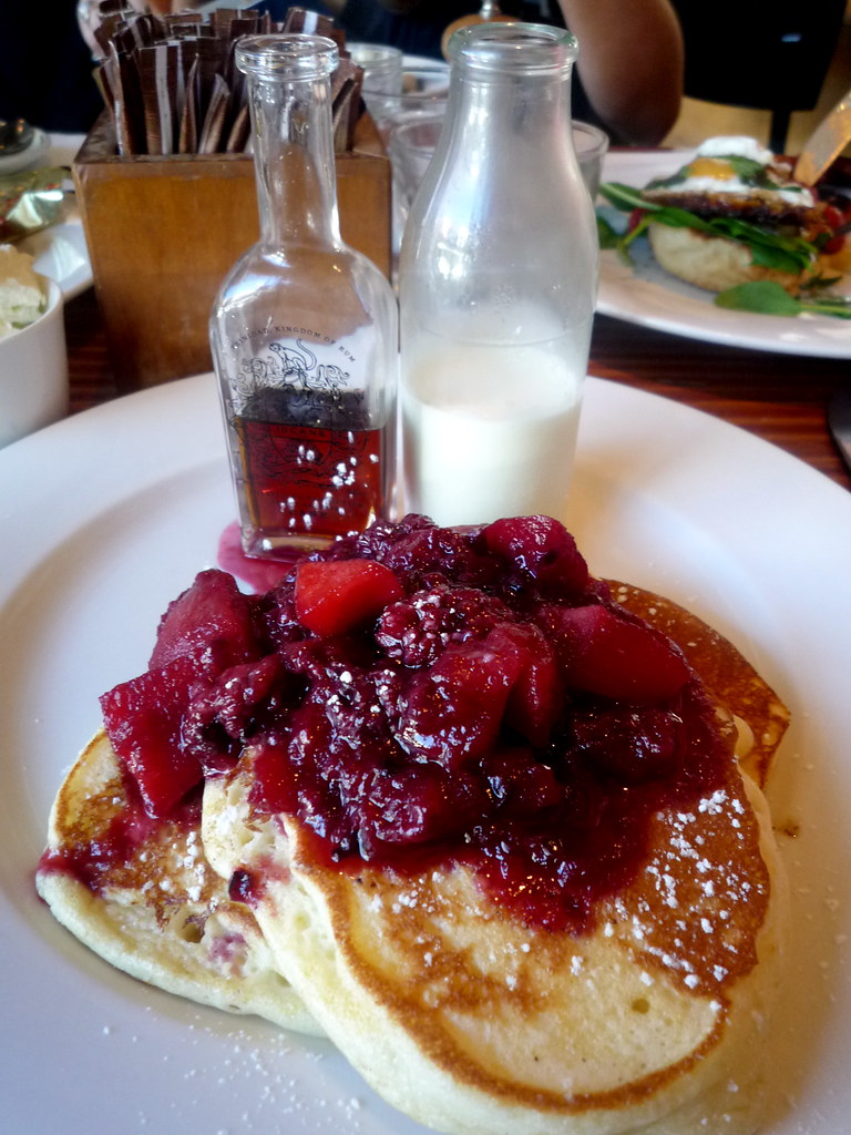 Orange buttermilk pancakes with blackberry and apple compote