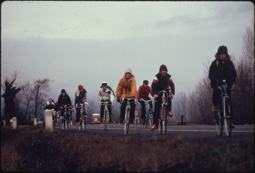 School Children, Were Forced to Use Their Bicycles on Field Trips During the Fuel Crisis in the Winter of 1974. There Was Not Enough Gasoline for School Buses to Be Used for Extracurricular Activities, Even During Dark and Rainy Weather 02/1974