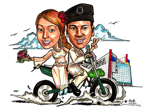Malay couple wedding caricatures on bike to Cineleisure A4