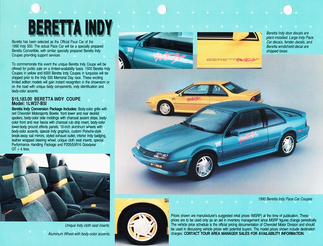 chevrolet replica pacecar brochure coupe 1990 beretta indy500
