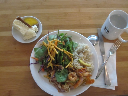 shrimp medley, veggies, salad, rice, cheesecake from bistro - $6