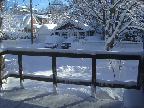 The view of snow in my backyard from my deck