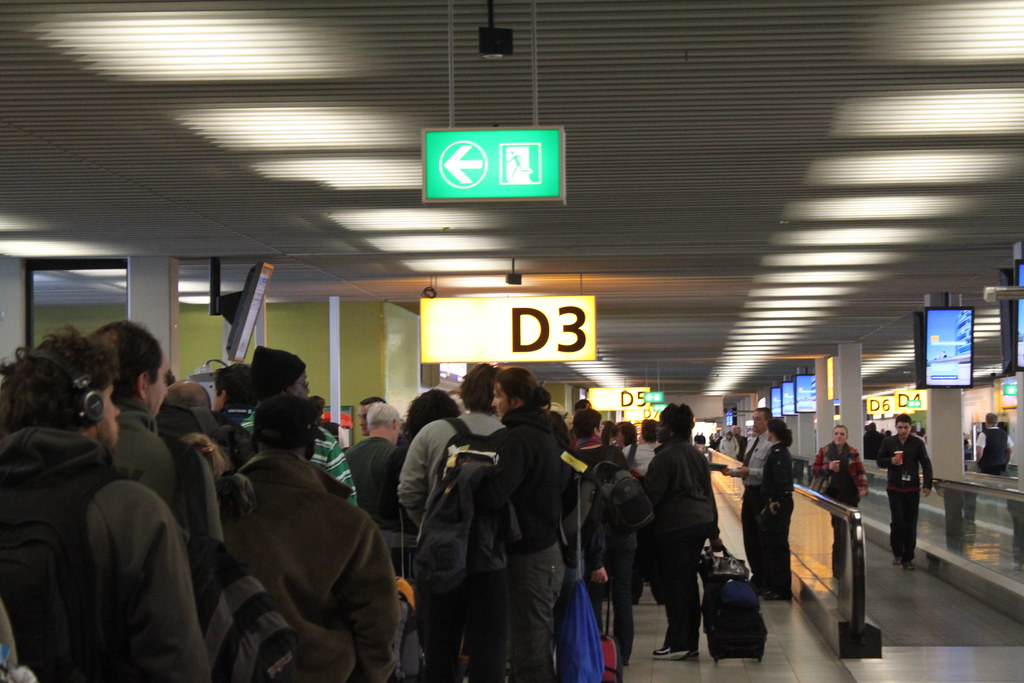Standing in line at Amsterdam Schiphol Airport