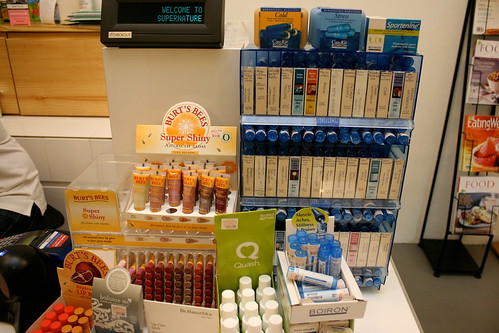 Some Burt's Bees and a curious range of homeopathic medicine kits at the cashier