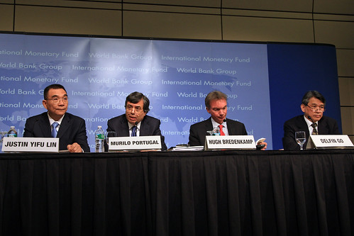 April 23, 2010 - Washington DC., World Bank/IMF Spring Meetings 2010. Global Monitoring Report: The MDGs after the Crisis. Justin Lin, WB Chief Economist and Snr. VP, Development Economics; Murilo Portugal, IMF Deputy Managing Director; Hugh Bredenkamp, IMF Deputy Director, Strategy Policy and Review Department; Delfin Go, WB Lead Economist and lead author, GMR 