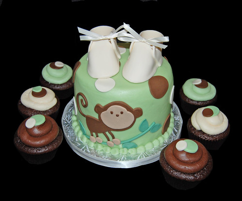 Sage green brown and cream monkey themed baby shower cupcake tower a