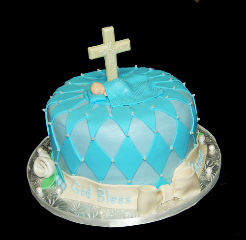Blue Christening Cake with Cross and Sleeping Baby Boy