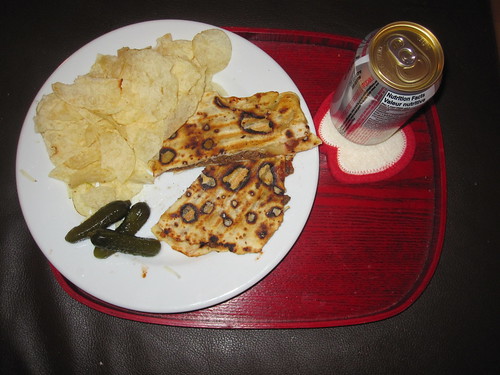 beef quesadillas, chips, pickles