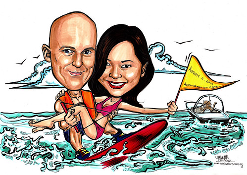 Couple wedding caricatures wakeboarding save the date A4