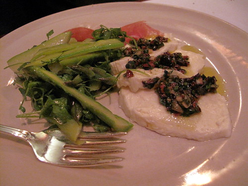 Burrata with Tapenade, Asparagus Salad and Prosciutto