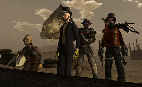 Fight Night finalists (l to r): Ccindy Pfeffer (1st), Paytrok Ghost (2nd), NeoBokrug Elytis (our host bearing the Wastelands flag), and Agustsa Jun (2nd).