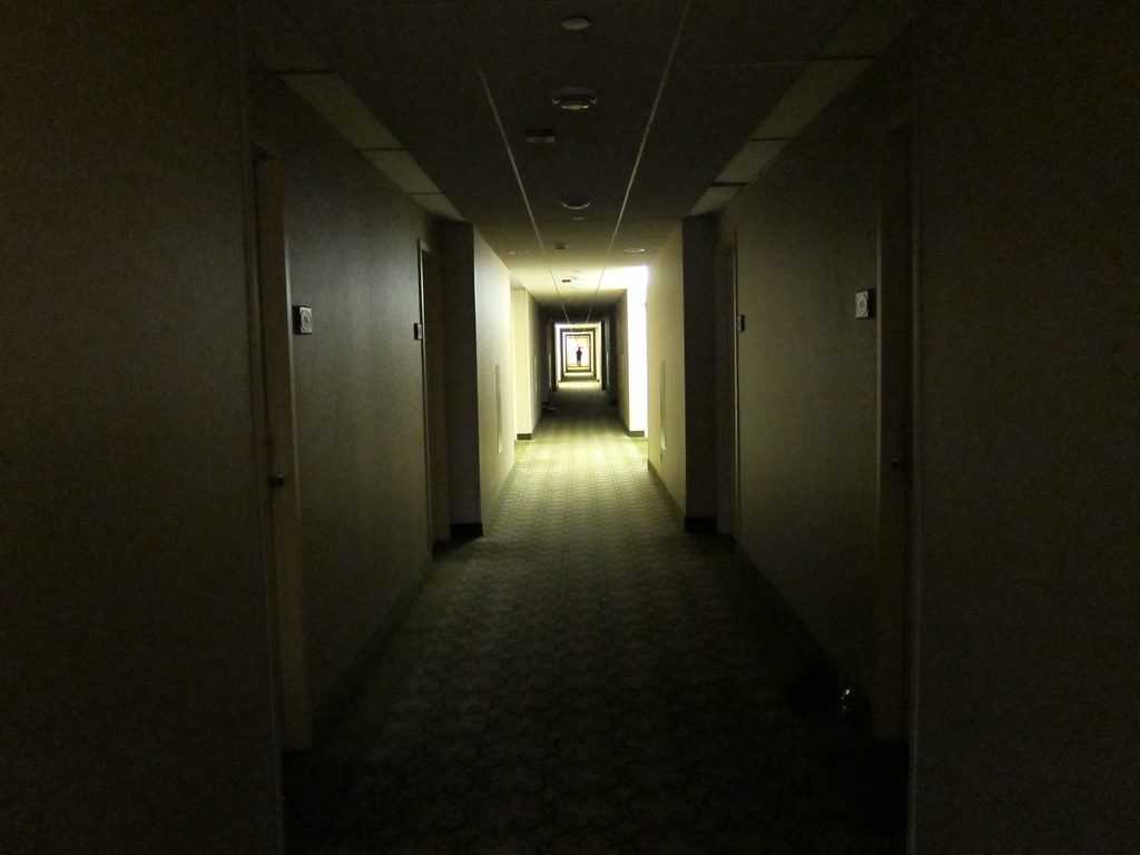 March 14, 2010 - A storm causes 50,000 businesses and homes lose power in New Brunswick. The Hyatt hotel shown here had emergency lighting that illuminated the hallways partially, with guests roaming in the dark.