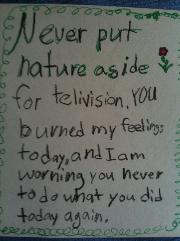 Never put nature aside for telivision [sic]. You burned my feelings today, and I am warning you never to do what you did today again.