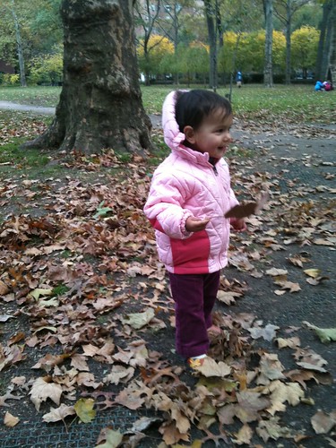 Laila playing in the autumn leaves