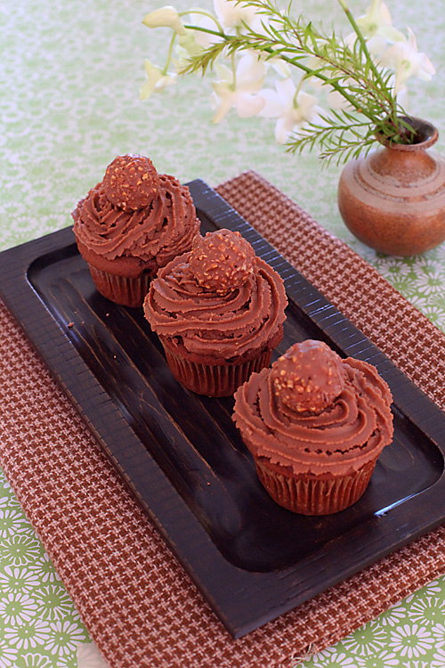 Eggless Chocolate Cream Cupcakes With Ferrero Rocher Nutella Icing