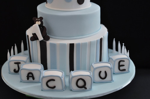 Blue Christening cake with baby name blocks