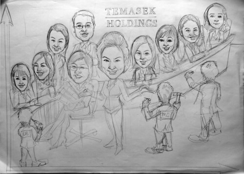 Group caricatures for Morgan Stanley (Temasek Holdings) pencil; sketch