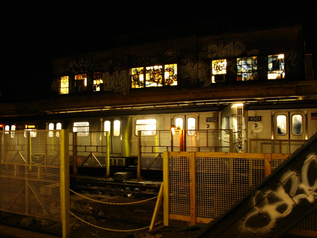 4th Avenue F/G Train Platform at night illuminated