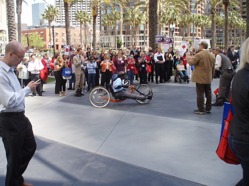 Erik Williams arrives at the CSUN conference on his hand-bike