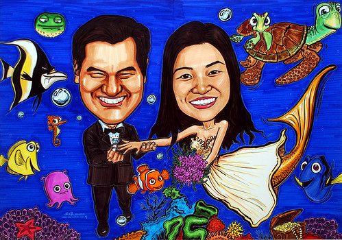 underwater Mermaid wedding couple caricatures A1 size - colour
