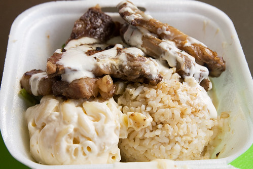 short ribs, mac salad, and brown rice