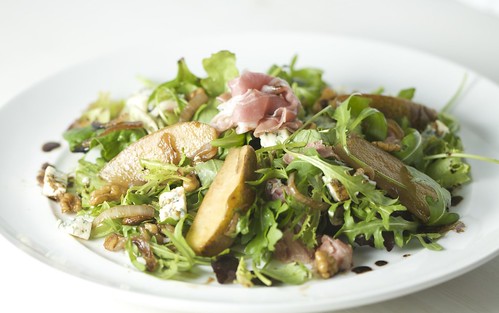 Rocket Salad with caramelised pears & walnuts, prosciutto and stilton cheese