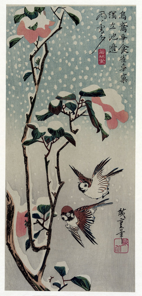 Hiroshige Utagawa, Sparrow and Camellias in the Snow