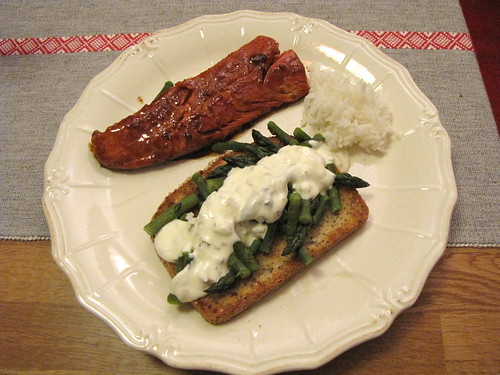 Teriyaki salmon, asparagus on toast, rice