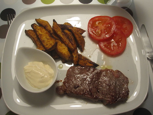 steak, sweet potato with spicy yogurt sauce, tomato