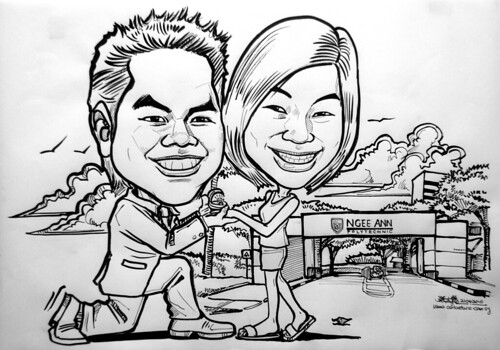 Couple caricatures proposing at Ngee Ann Polytechnics