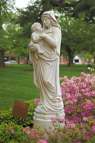 Statue of the Blessed Virgin Mary with the Christ Child, in the garden of Saint Peter Roman Catholic Church, in Kirkwood, Missouri, USA