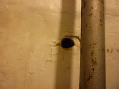 Apt. 19--Hole in bathroom wall, caused by pipe that broke through during construction in upstairs apartment (2)