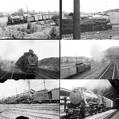 The top two are Consolidation (2-8-0) types.  The top left is probably class H8sb or H9s. The top right could be H8, H8a, H8b or H8c.

The middle pair are class M1 Mountain (4-8-2) types.

The first engine on the lower left is class I1s Decapod (2-10-0) type.  I cannot identify the second of these two helper engines pushing a freight.  The picture was probably taken in the Allegheny Mountains.  

The lower right picture is a class K4s Pacific (4-6-2) type, possibly the one that was pulling my train