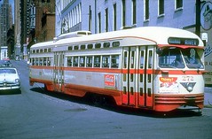 Detroit department of Street Railways PCC car # 272 at the intersection of Woodward and Atwater in 1954.