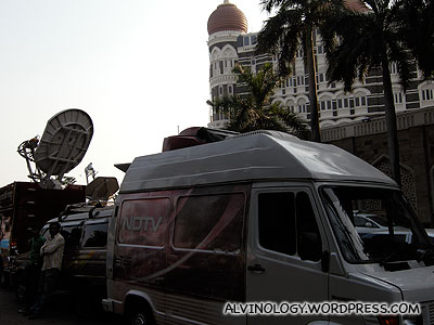 Lots of TV crew outside the Taj Hotel, camping for the next day