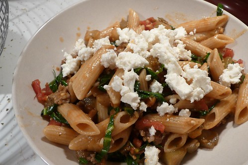 Penne with Sausage, Eggplant and Feta