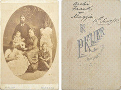 Portrait of family group including "Archie, Frank & Maggie" Dickson? Dated 10 January 1882, from mystery album