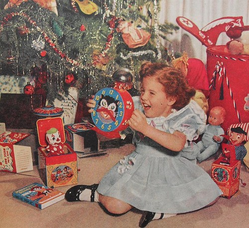 1950s Christmas Morning Girl Kiddie Clock Toys Vintage Photo Jack In The Box