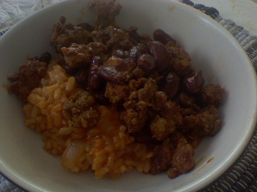 Spicy dinner; chorizo  beans and Spanish rice