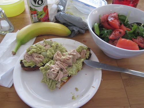 Broad bean and tuna baguette, salad, V8, banana from the bistro