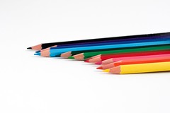 Set of colored pencils arranged in no particular order
