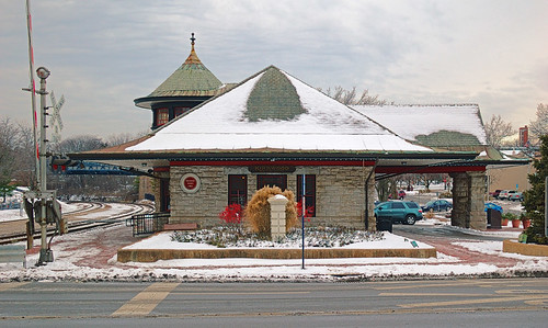 Amtrak train station, in Kirkwood, Missouri, USA - view with snow