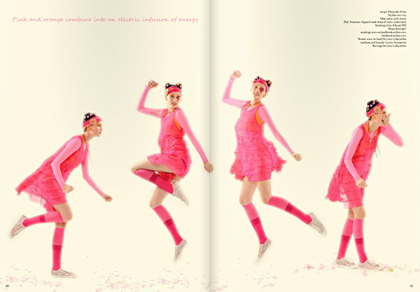 Pink dress, model jumping in pink dress and socks, picture sequence. Colour Blocking Fashion photographed by Kent Johnson.
