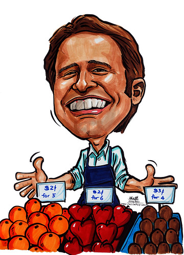 Caricatures for NUS - shopkeeper selling fruits