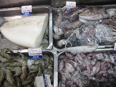 shrimp and different kinds of squid
