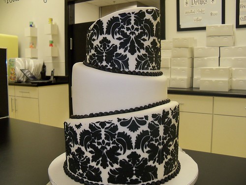 Damask print wedding cake by Retro Bakery in Las Vegas