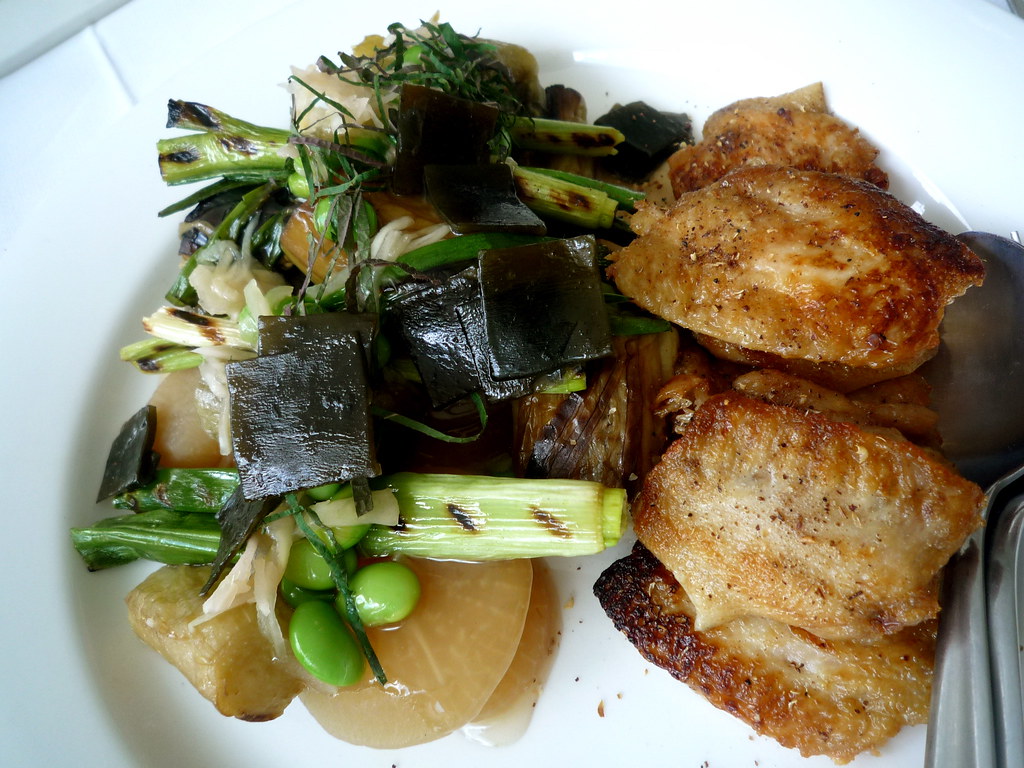 Confit chicken wings, dashi-braised eggplant, daikon, spring onion, konbu no tsukudani