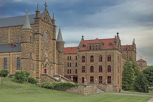 Saint Meinrad Archabbey, in Saint Meinrad, Indiana, USA - exterior of church and seminary